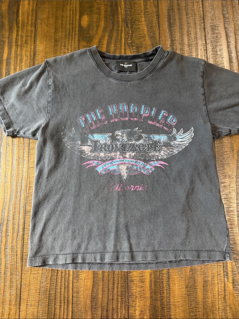 The Kooples Black Vintage Eagle Graphic Tee with Teal & Pink Accents